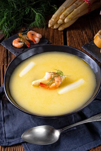 Délicieuse Soupe Crème Aux Asperges Avec Crevettes Aneth Frais — Photo