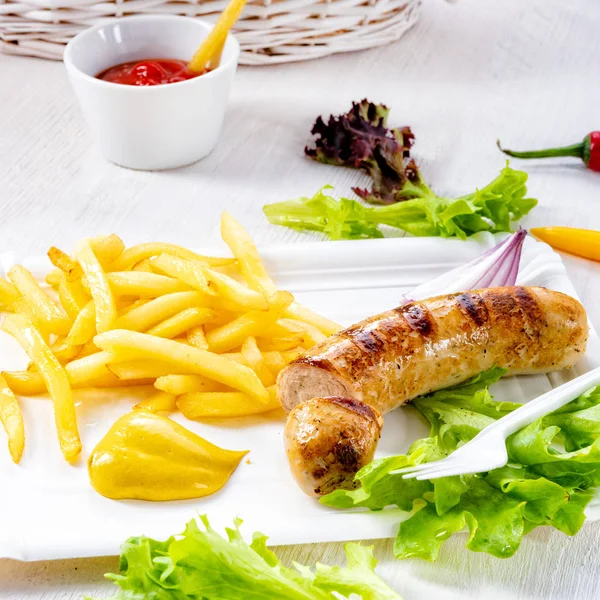 Delicious Grilled Bratwurst Fries Mustard — Stock Photo, Image