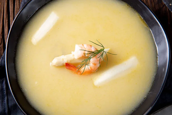 Delicious asparagus cream soup with prawns and fresh dill — Stock Image Delicious Asparagus Cream Soup Prawns Fresh Dill Stock Image