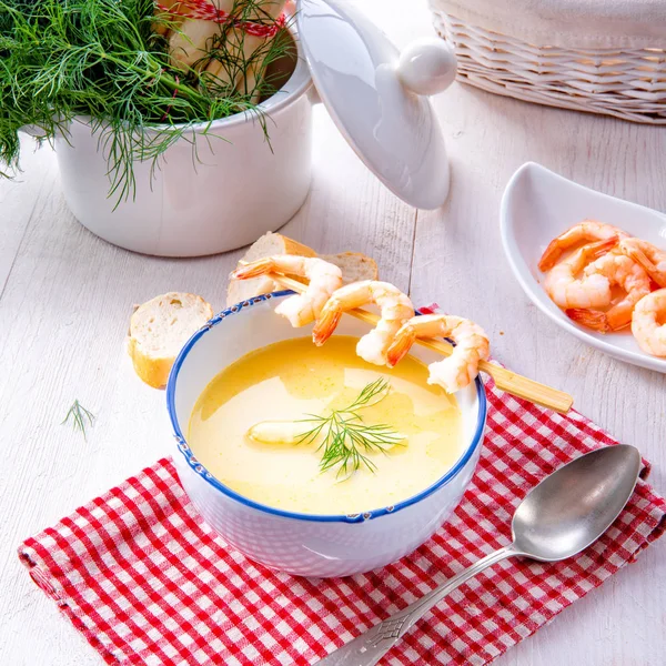 Rustic asparagus soup with shrimp skew and dill — Stock Image Rustic Asparagus Soup Shrimp Skew Dill Stock Picture