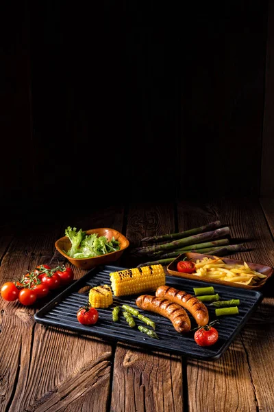 Grilled Krakauer French Fries Green Salad — Stock Photo, Image