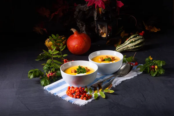 Delicious Pumpkin Soup Croutons Coconut Milk — Stock Photo, Image