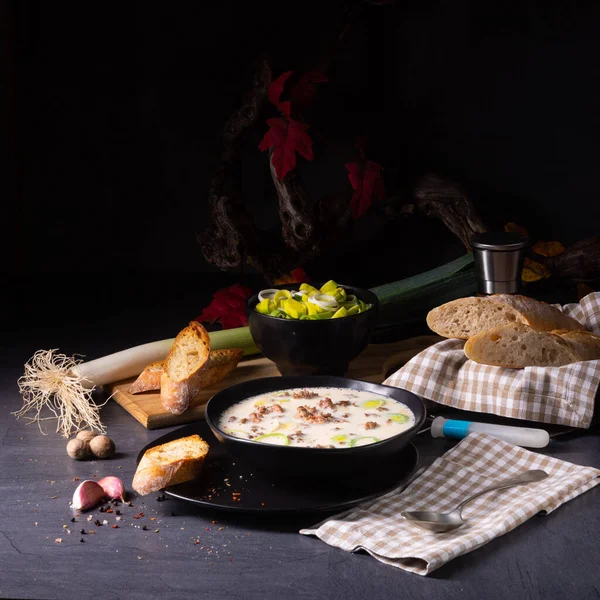 Deliciosa sopa de queso y puerro con carne picada —  Fotos de Stock