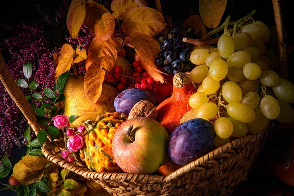 Herbstliches Füllhorn in rundem Korb — Stockfoto