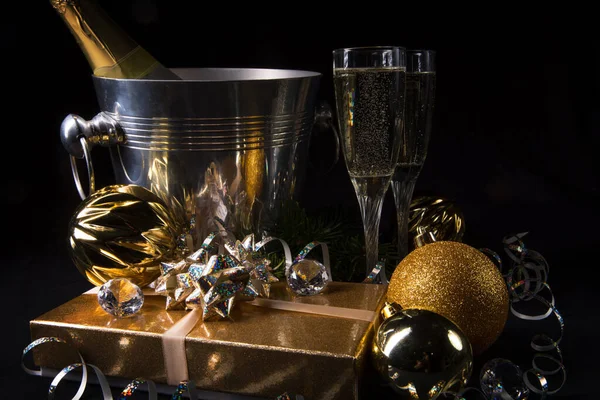 New Year, sparkling wine, candles, happy new year — Stock Photo, Image