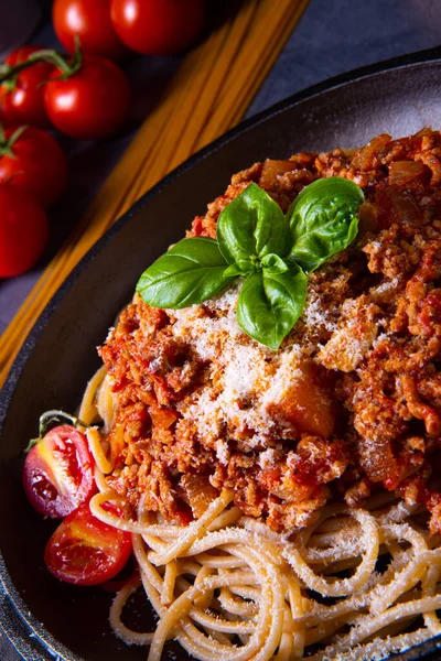 Espaguete Integral Com Molho Tomate Carne Picada — Fotografia de Stock