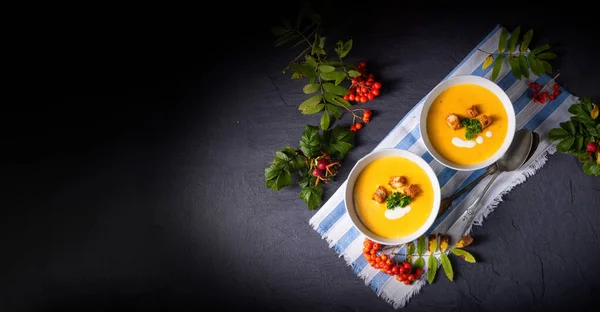 Delicious Pumpkin Soup Croutons Coconut Milk — Stock Photo, Image