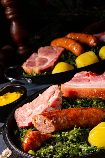 Rustic kale with pinkel sausage and kassler — Stock Photo, Image