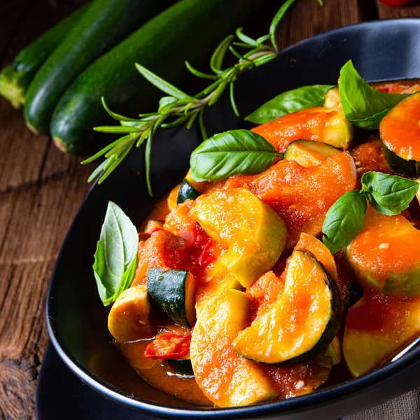 Zucchini Vegetarian Ratatouille Tomato Sauce Herbs — Stock Photo, Image