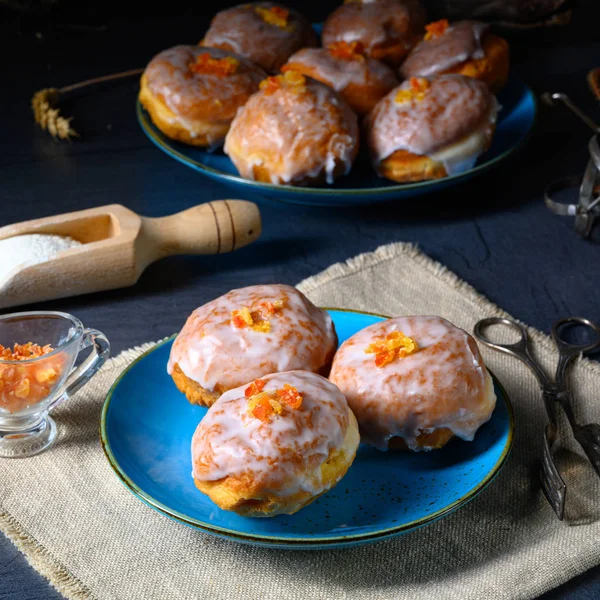 Fine Berlin donuts with jam filling and icing — 스톡 사진