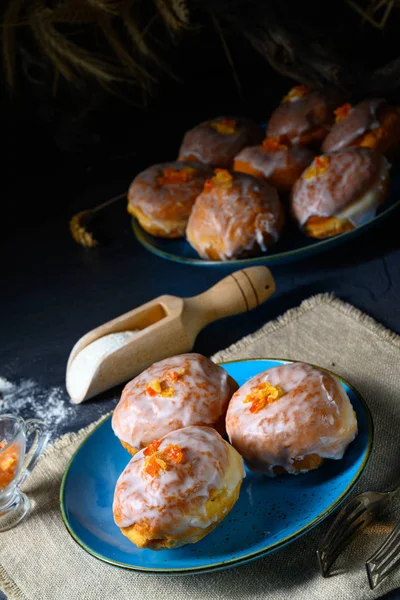 Fine Berlin donuts with jam filling and icing — 스톡 사진