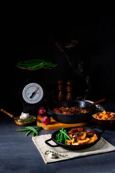 Rib Pork Beans Quarter Potato — Stock Photo, Image