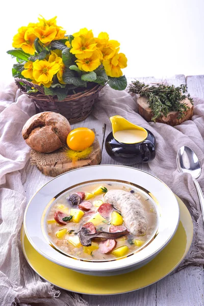 Easter in Polish: sour flour soup for Easter breakfast (urek) — Stock Image Easter Polish Sour Flour Soup Easter Breakfast Urek Stock Image