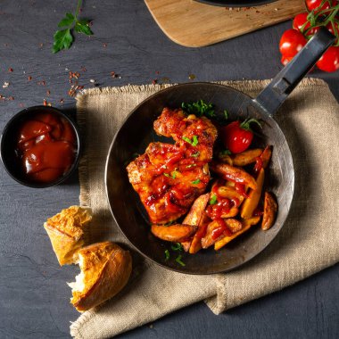 Patates dilimli ballı kırsal tavuk kanadı.