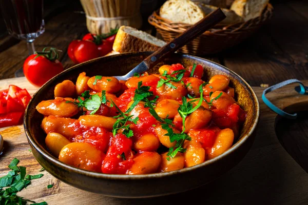 Rustic Giant Beans Fresh Tomato Sauce — Stock Photo, Image