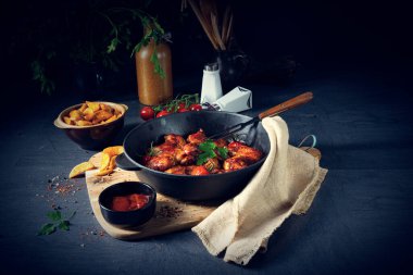 Baharatlı tavuk kanatları ve patates dilimleri.