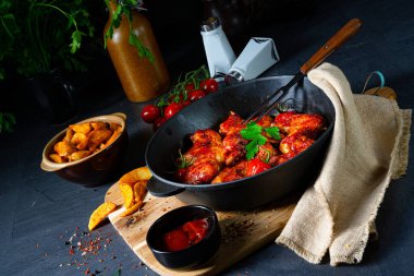 Baharatlı tavuk kanatları ve patates dilimleri.