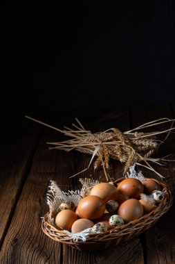 Çiftlikten taze yumurtalar. Sepette.