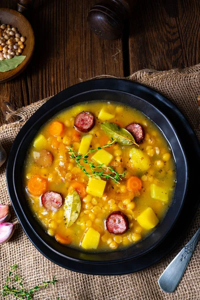 Rustic pea soup with bacon and sausages — Stock Image Rustic Pea Soup Bacon Sausages Royalty Free Stock Images