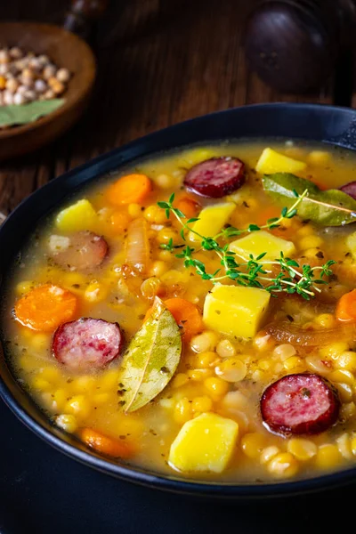Rustic pea soup with bacon and sausages — Stock Image Rustic Pea Soup Bacon Sausages Stock Picture