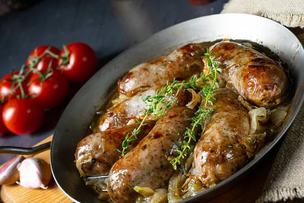 Homemade White Sausage Fried Onion Herbs — Stock Photo, Image