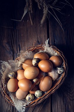 Çiftlikten taze yumurtalar. Sepette.