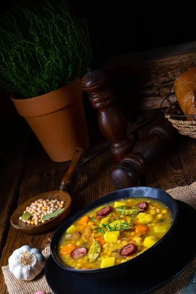 Rustic pea soup with bacon and sausages — Stock Image Rustic Pea Soup Bacon Sausages Stock Image