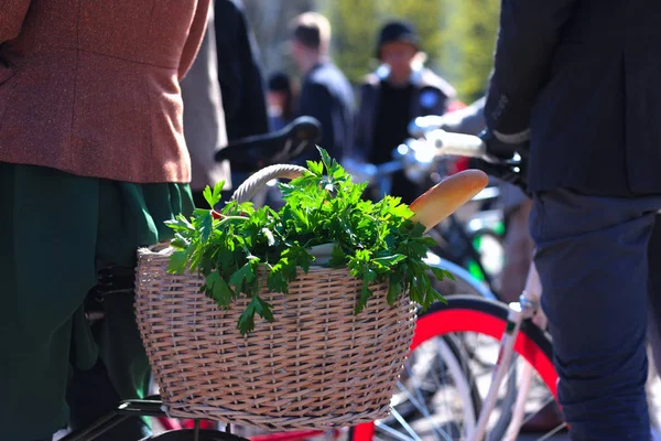 Korg av dagligvaror på cykeln — Stockfoto