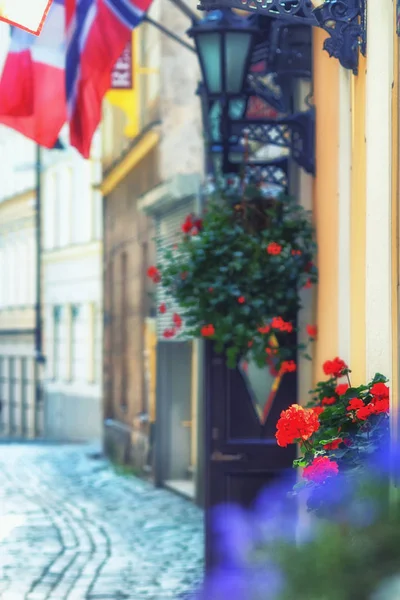 Flowers and flags on the facades — Stock Photo, Image