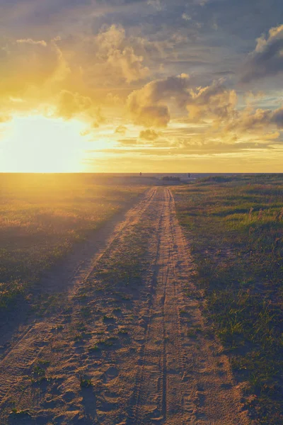 Road to sunset on the Baltic Sea in summer — Stock Photo, Image