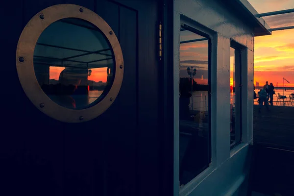 Deck Pleasure Riverboat Sunset Tourists Take Pictures Background Riga Summer — Stock Photo, Image