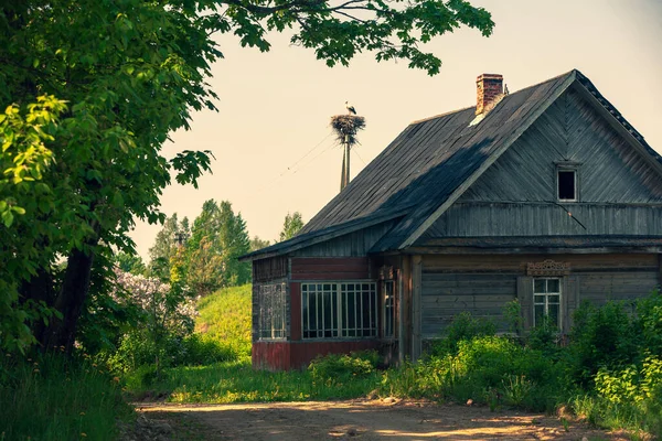 Opuštěný Dřevěný Dvoupatrový Dům Silnice Čápím Hnízdem Letní Zahradě Lotyšsko — Stock fotografie