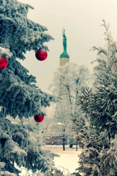 Nyår Röda Bollar Grenarna Gran Med Snö Mitten Vintern Riga — Stockfoto