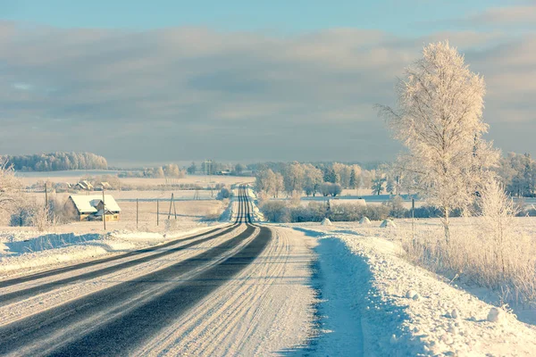 Road through the snowy hills of Latvia — Stock Photo, Image