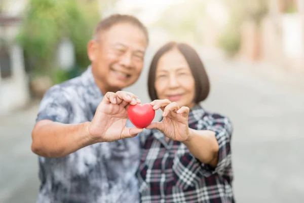 Feliz pareja asiática senior sonriendo mientras sostiene el corazón —  Fotos de Stock