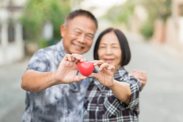 Feliz pareja asiática senior sonriendo mientras sostiene el corazón —  Fotos de Stock