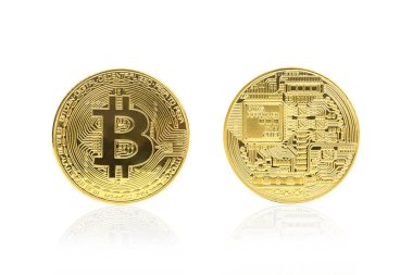 Beyaz arka plan üzerinde izole altın bitcoin arka ve ön görünümü