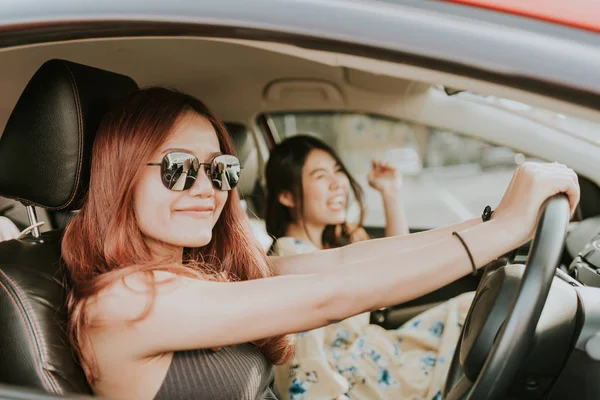 Young Happy Asian Girl Best Friends Laughing Smiling Car Road — Stock Photo, Image