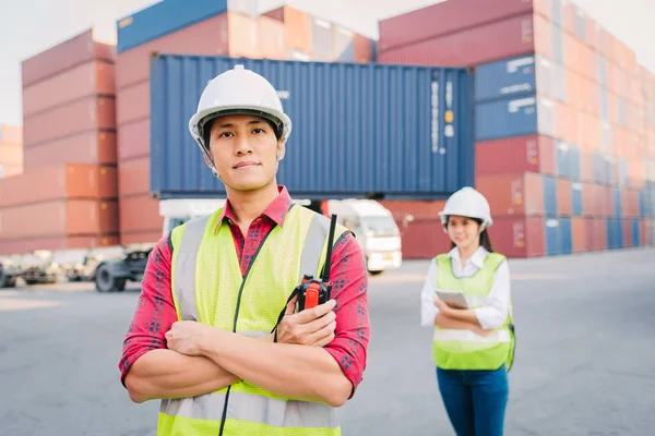 Controllo Del Caposquadra Carico Container Carico Personale Logistica Esportazione Industria — Foto Stock