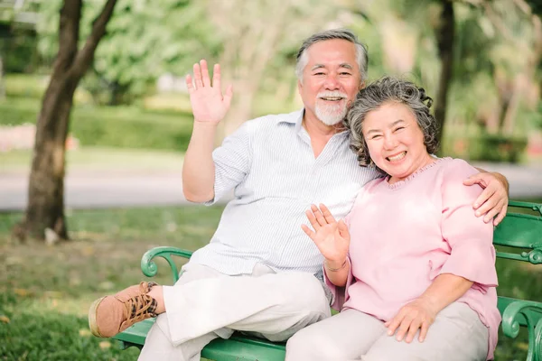 Feliz Asiática Senior Pareja Saludando Mano Sonriendo Aire Libre Parque —  Fotos de Stock