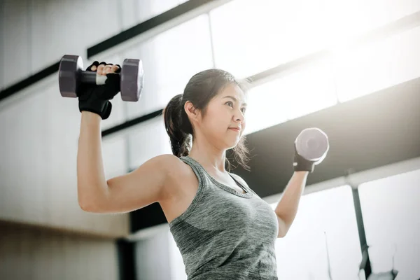 Sporty Beautiful Asian Woman Doing Exercise Dumbbell Gym Fitness Healthy — Stock Photo, Image