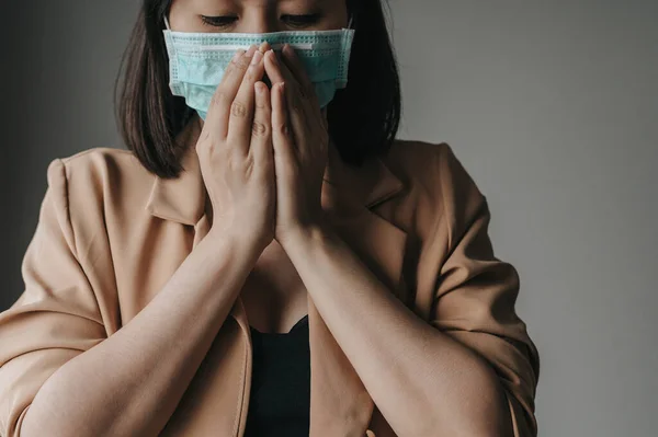 Close Schot Van Aziatische Vrouw Dragen Gezichtsmasker Ter Bescherming Tegen — Stockfoto