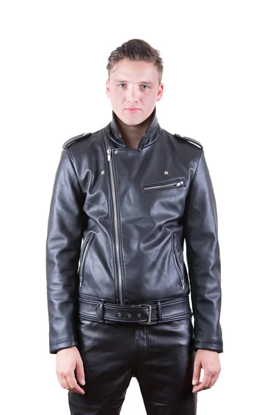 Handsome fashion man, beauty male model portrait wear black leather jacket and pants, young guy over white isolated background — Stock Photo, Image