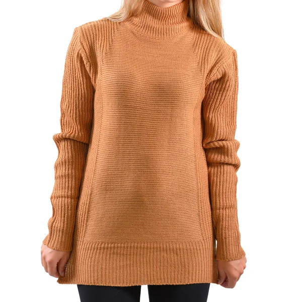 Pullover marrone chiaro bianco finto isolato. Le donne indossano un semplice modello di felpa con cappuccio. Design semplice con cappuccio logo presentazione. Felpa per logo e stampa . — Foto Stock