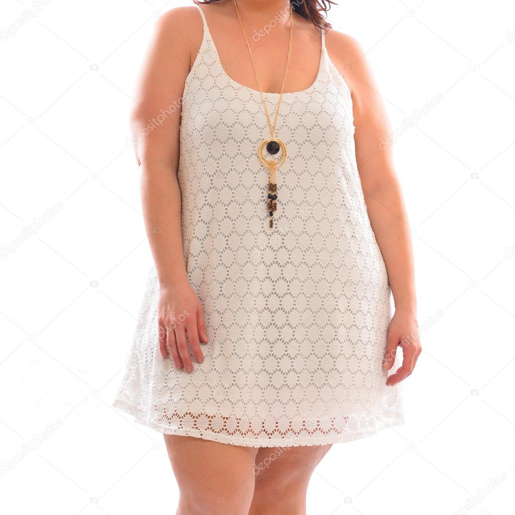 Plus size fashion model woman wearing stylish white summer dress isolated on white background