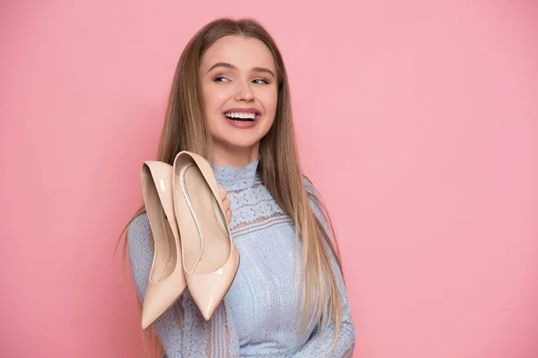 Beautiful Young Happy Woman Holding High Heels Shoes Female Shopping — Stock Photo, Image