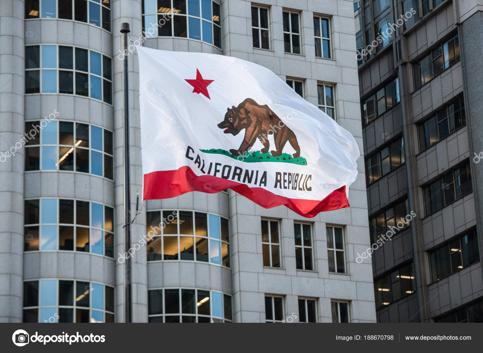 California Republic Flag Grizzly Bear Raised City Downtown Stock Photo California Republic Flag Grizzly Bear Raised City Downtown Stock Photo