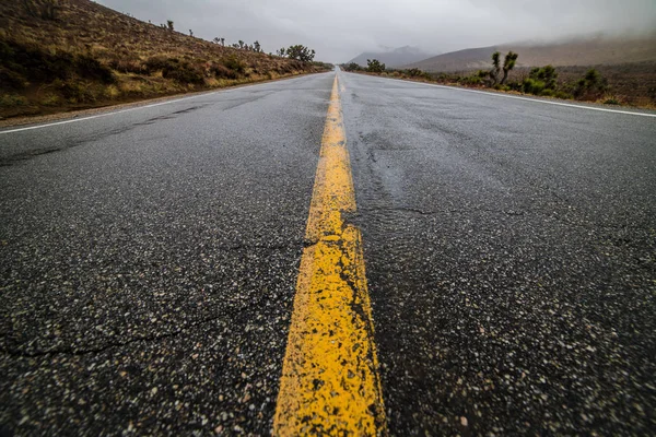 Empty Wet Desert Asphalt Pavement Road Yellow Highway Marking Lines — Stock Photo, Image