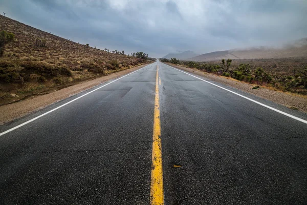 Empty Wet Desert Asphalt Pavement Road Yellow Highway Marking Lines — Stock Photo, Image