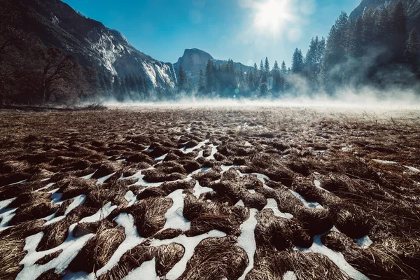 Йосемитский Национальный Парк Утра Травяное Поле Снегом Туманом Видом Горы — стоковое фото